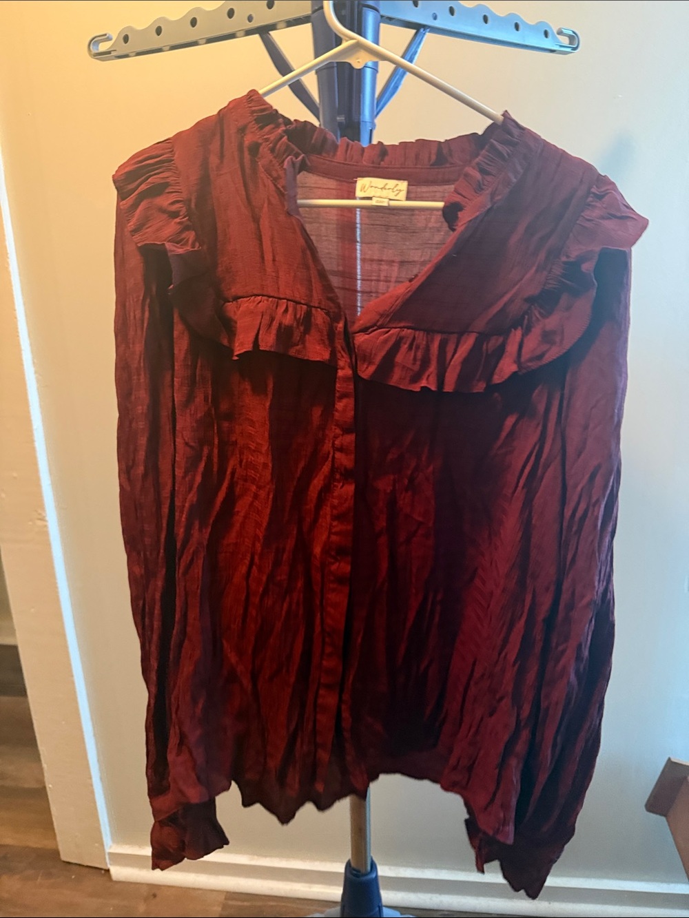 Wonderly Ruffled Long-Sleeve Blouse in Deep Burgundy